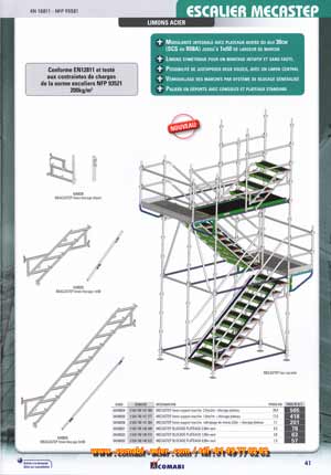 Escalier Mécastep limon acier modularité avec plateau de 30 cm, juxtaposition possible, verrouillage des marches, paliers en déport avec console et plateaux standards